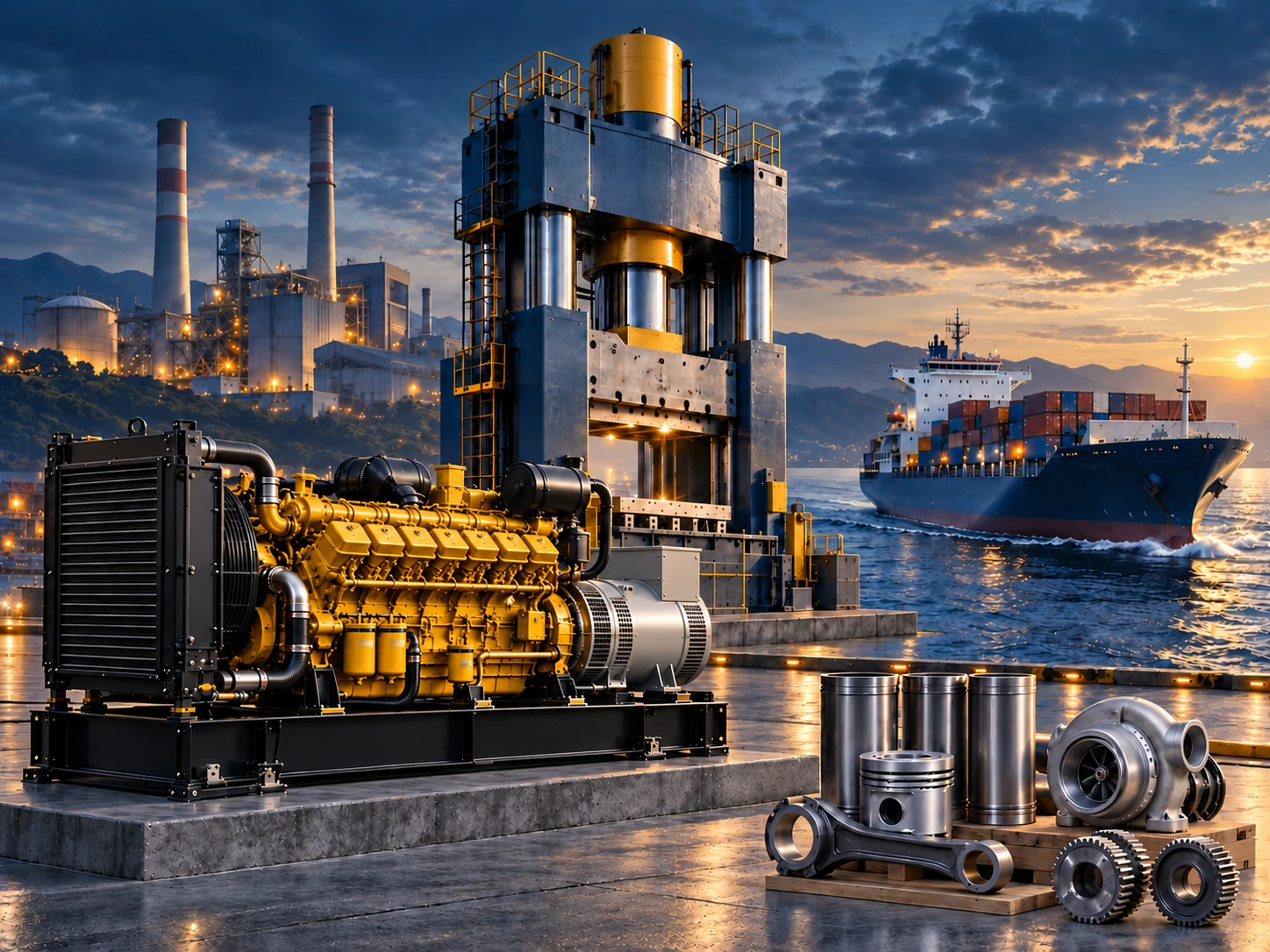Illustrative montage of power generation equipment, industrial machinery and a commercial vessel